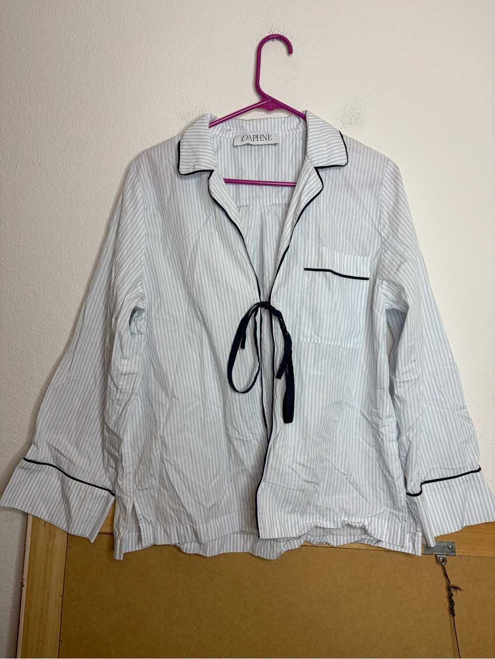 Daphne Blue Pinstriped Front Tie Pajama Top, 100% Cotton, Size S